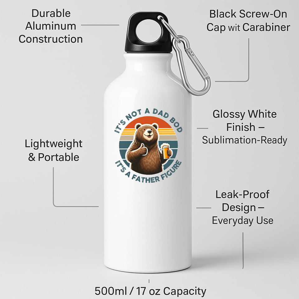 White water bottle with labels for aluminium body, screw-on cap with carabiner and leak-proof design