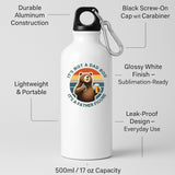 White water bottle with labels for aluminium body, screw-on cap with carabiner and leak-proof design