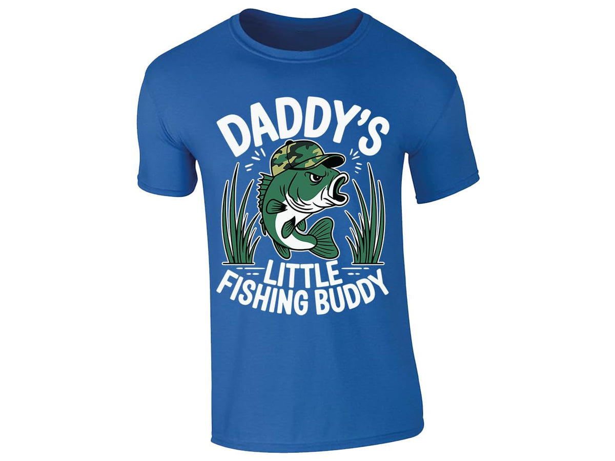 Royal Blue men's T-shirt with “Daddy’s little fishing buddy” bass in camo cap design