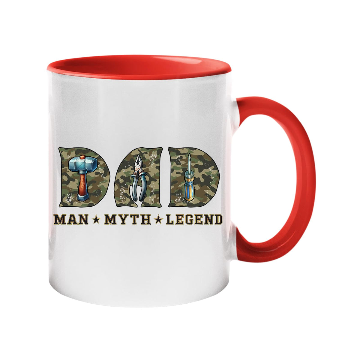 Colour handle mug with camo “DAD” letters with a hammer, pliers and screwdriver above “Man ★ Myth ★ Legend” – red handle and inside