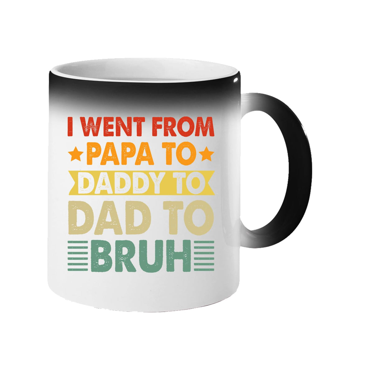 Colour changing mug revealing “I went from Papa to Daddy to Dad to Bruh” in retro lettering