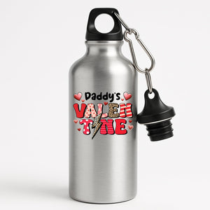 Silver aluminium water bottle with “Daddy’s Valentine” in patterned letters with hearts and a leopard lightning bolt