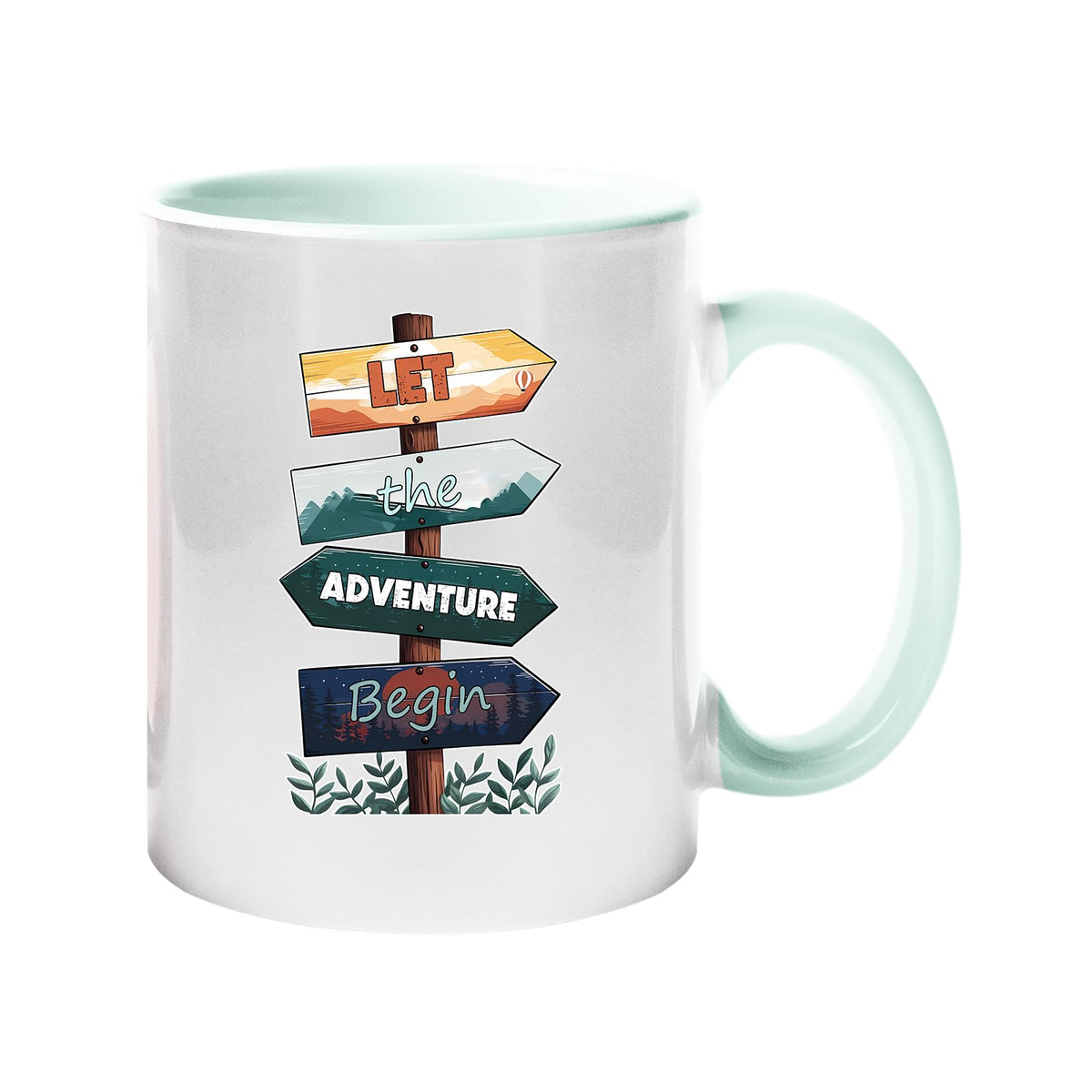 Colour handle mug with wooden signposts spelling out “Let the adventure begin” – lime handle and inside