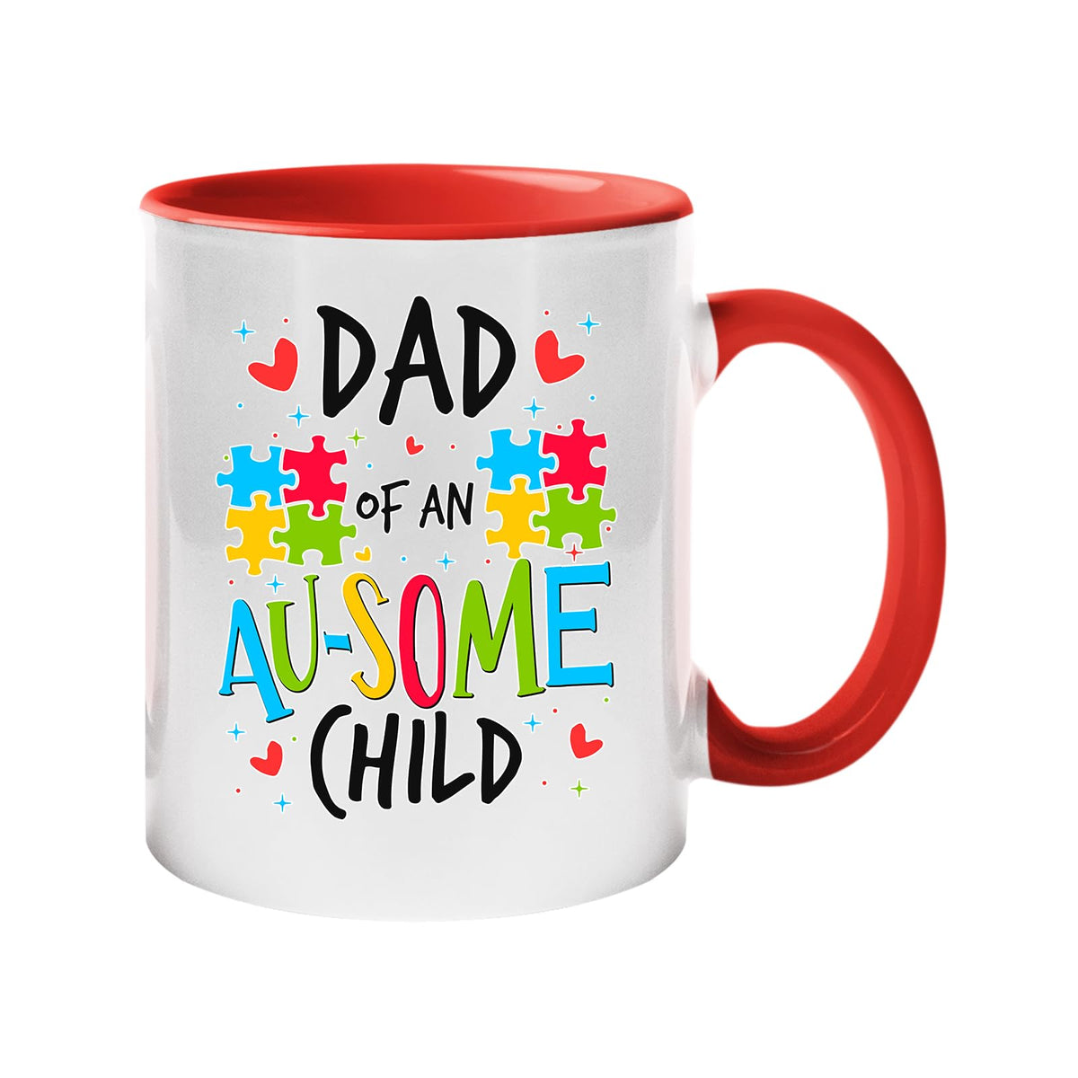 Colour handle mug with “Dad of an AU-SOME child” with colourful puzzle pieces and hearts – red handle and inside