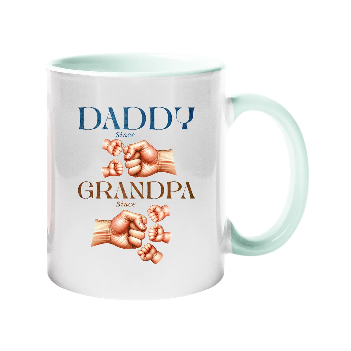 Colour handle mug with “Daddy since” and “Grandpa since” with generations of fist bumps – lime handle and inside