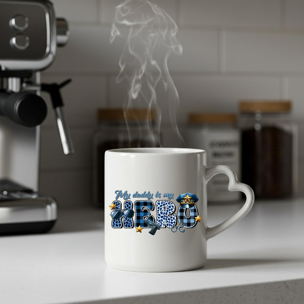 Steaming My Daddy Is My Hero police heart-handle mug on a kitchen counter