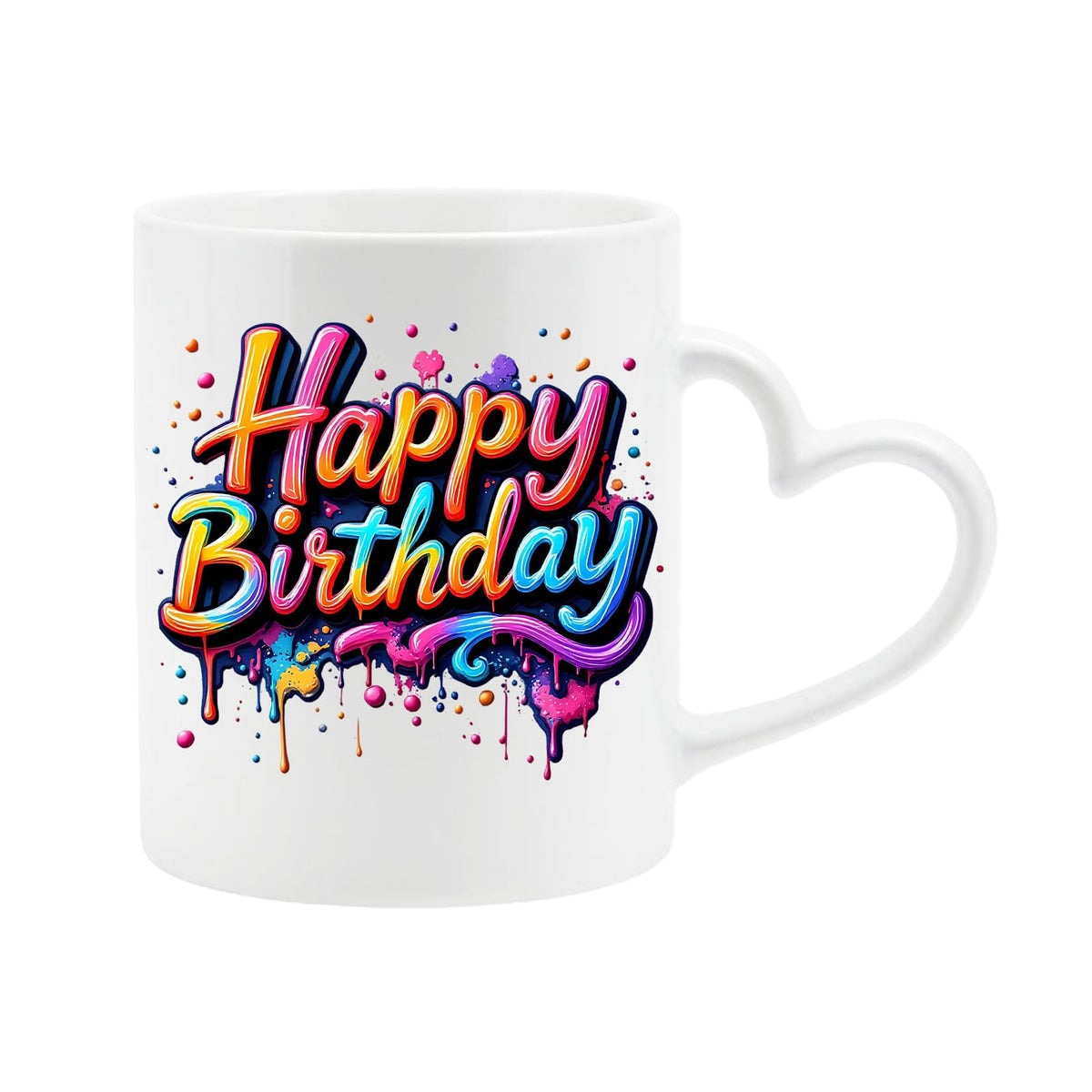 White heart-handle mug with “Happy Birthday” in rainbow script with colourful paint drips