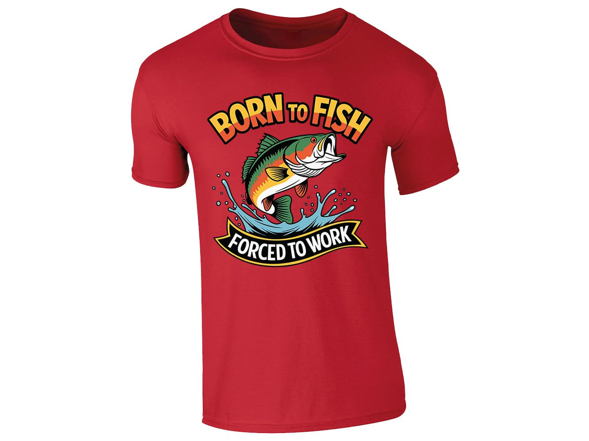 Red men's T-shirt with “Born to fish, forced to work” leaping bass design