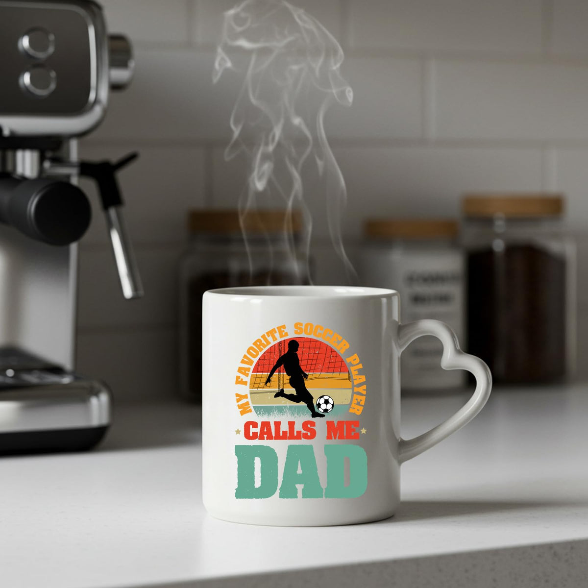 Steaming Soccer Dad heart-handle mug on a kitchen counter