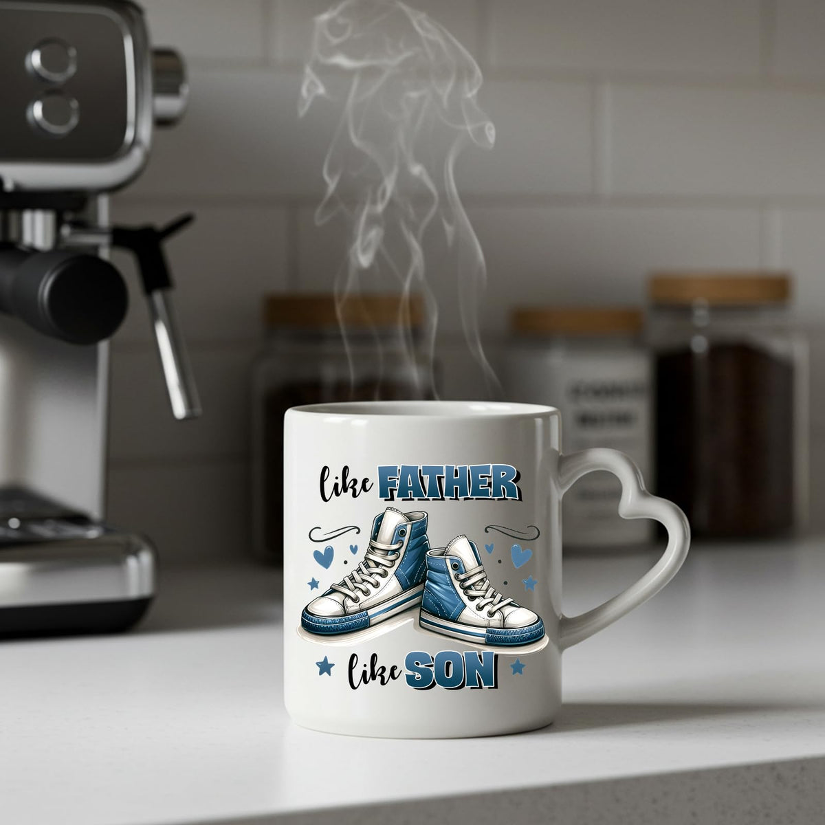 Steaming Like Father Like Son heart-handle mug on a kitchen counter