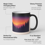 Colour changing mug features, shown with a sample sunset design that appears with heat