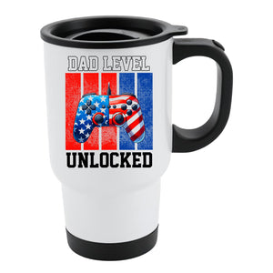 White travel mug with black lid and a stars-and-stripes game controller and “Dad level unlocked”