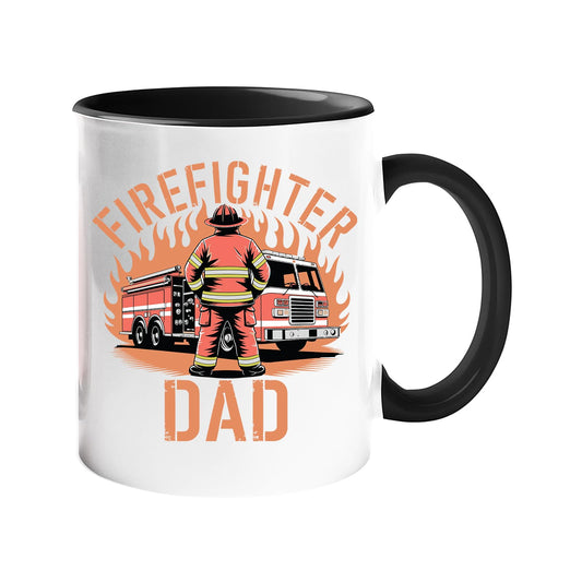 Colour handle mug with a firefighter and fire engine in front of flames with “Firefighter Dad” – black handle and inside