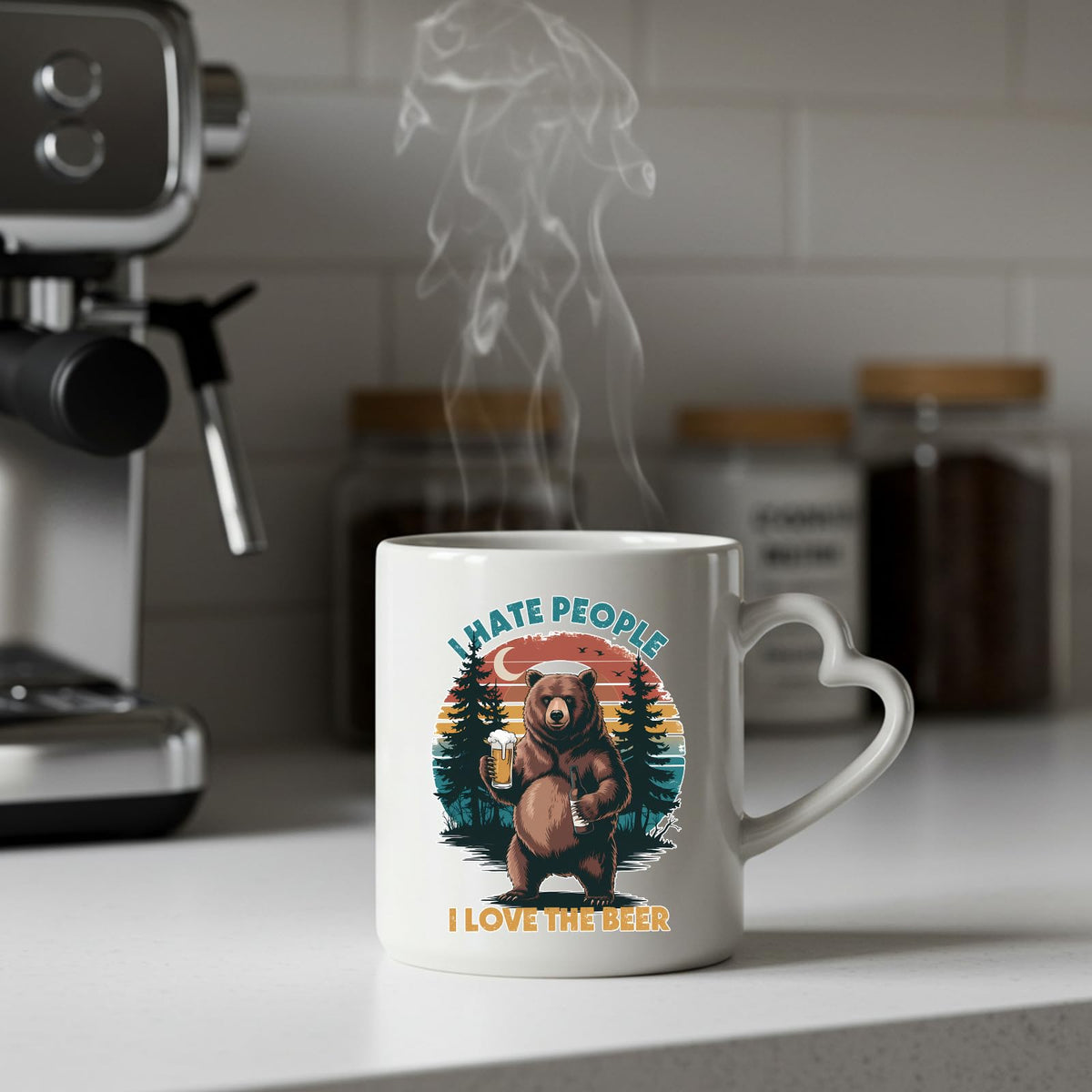 Steaming beer-loving bear heart-handle mug on a kitchen counter