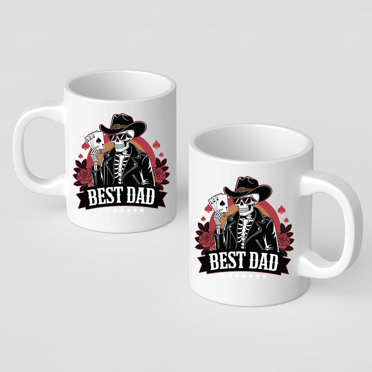 Front and back of the Best Dad skeleton cowboy mug