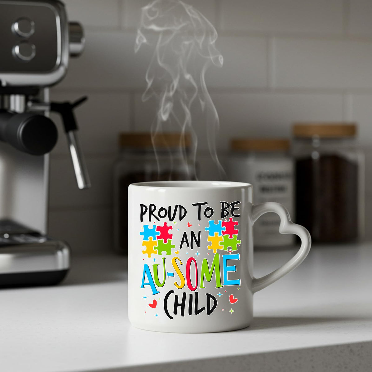 Steaming Proud to Be an Au-Some Child heart-handle mug on a kitchen counter
