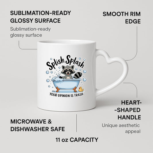 Heart-handle mug with labels for 11oz capacity, glossy surface and heart-shaped handle