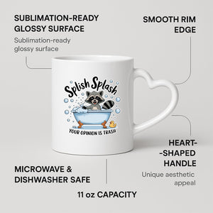 Splish Splash raccoon heart-handle mug on a marble counter with fruit