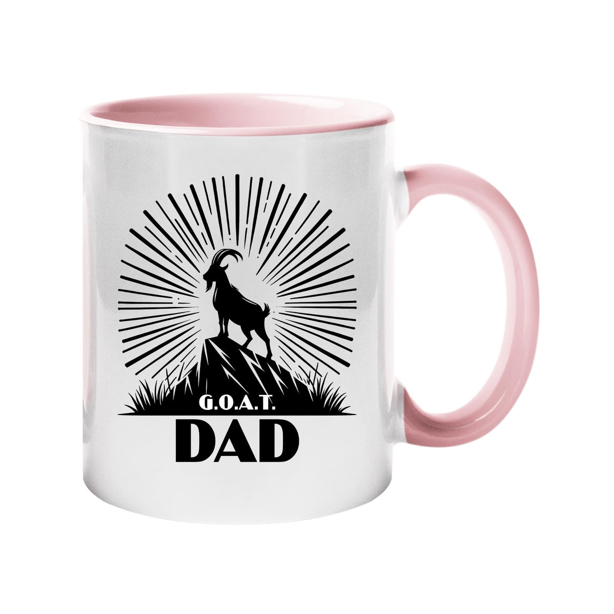 Colour handle mug with a mountain goat on a peak with a sunburst and “G.O.A.T. Dad” – light pink handle and inside