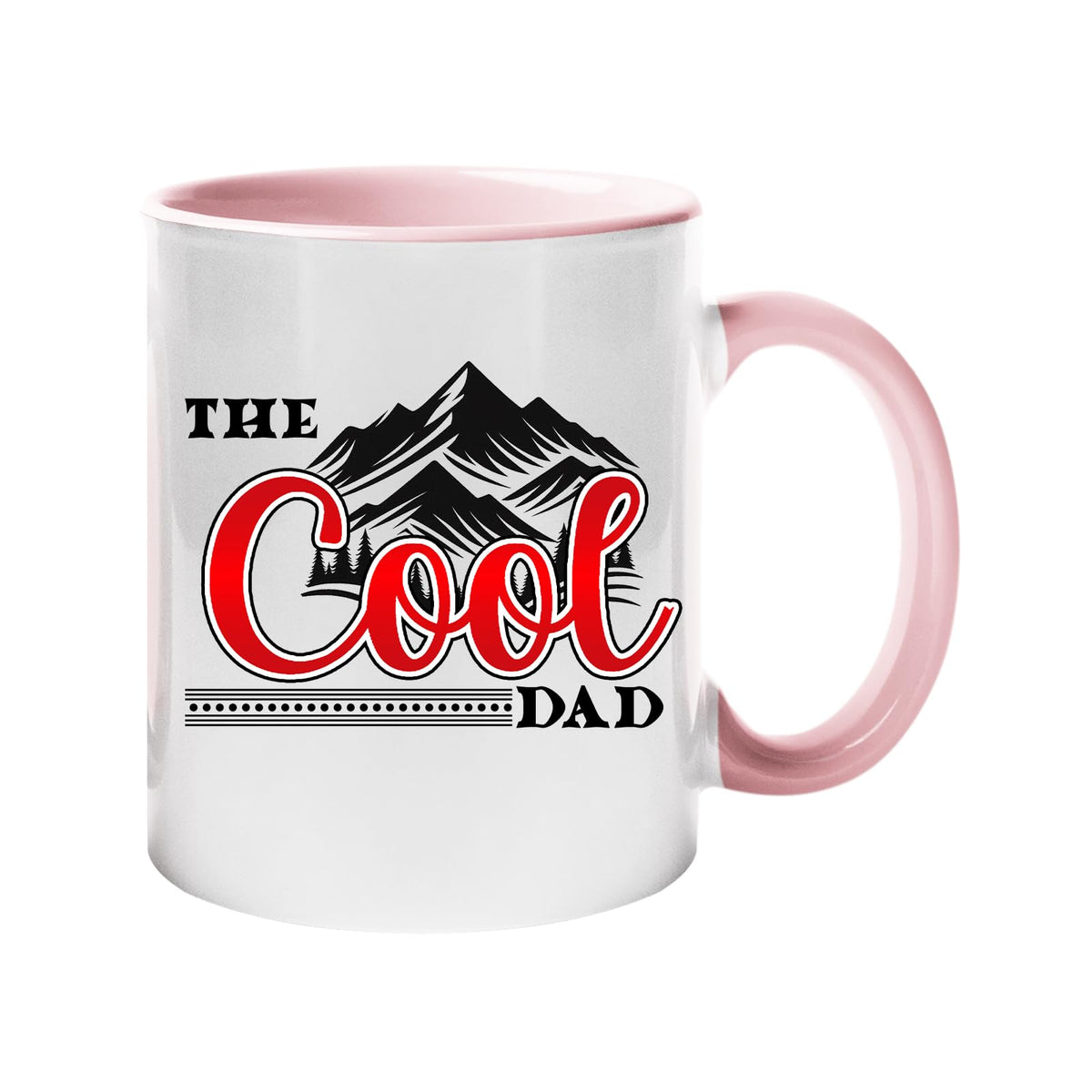 Colour handle mug with “The Cool Dad” in red script under black mountain peaks – light pink handle and inside