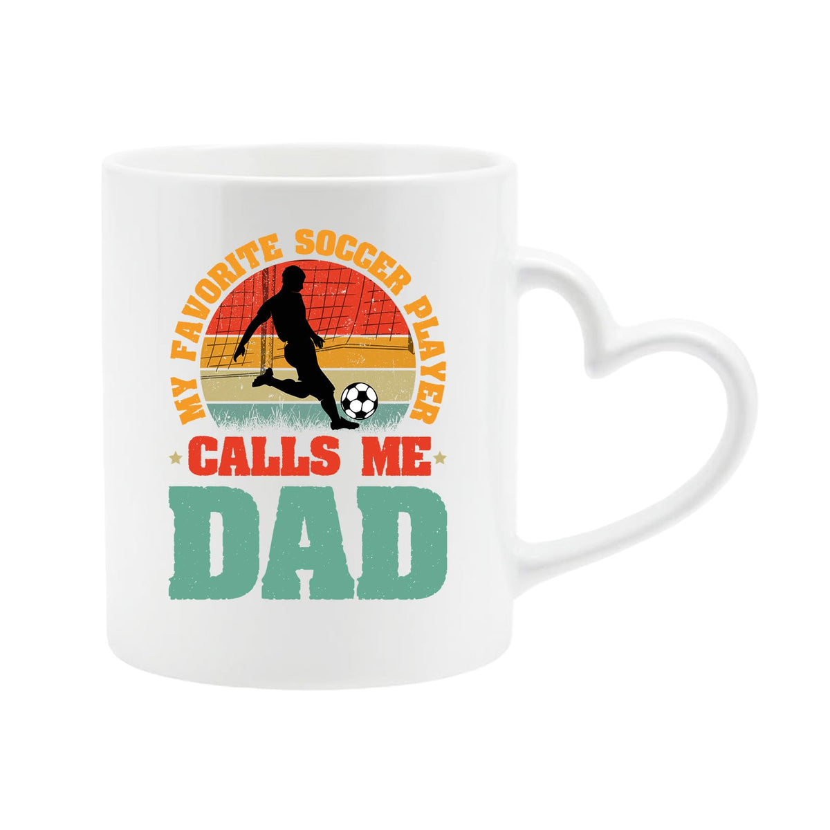 White heart-handle mug with a footballer in silhouette on a retro sunset with “My favorite soccer player calls me Dad”