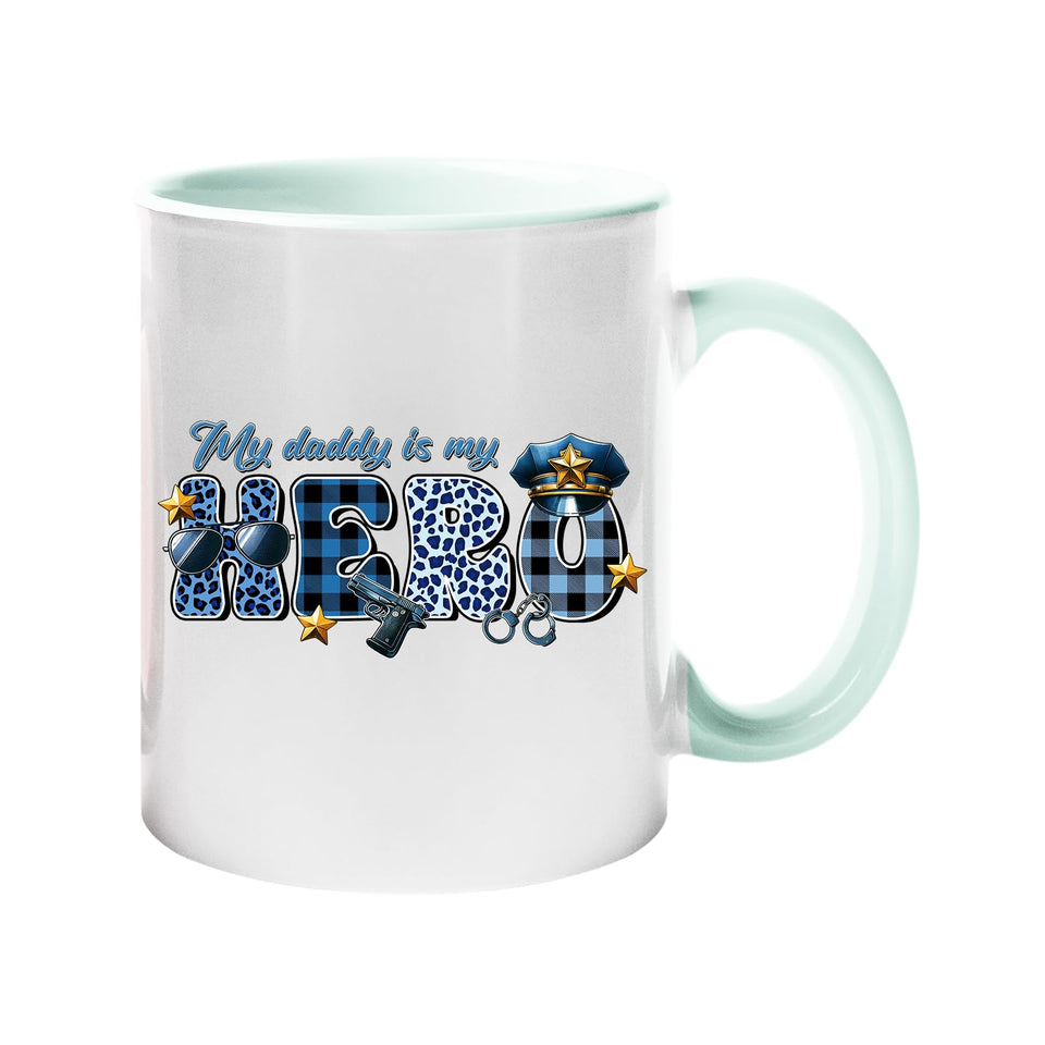 Colour handle mug with “My daddy is my hero” in blue plaid and leopard letters with a police cap and badge – lime handle and inside