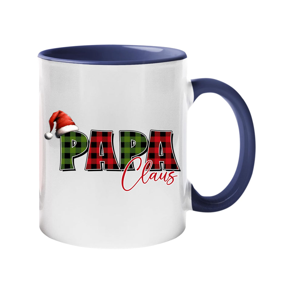 Colour handle mug with “Papa” in red and green plaid with a Santa hat and “Claus” in script – dark blue handle and inside