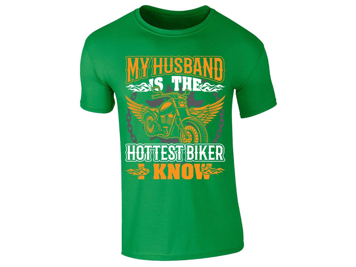 Irish Green men's T-shirt with “My husband is the hottest biker I know” winged motorcycle design