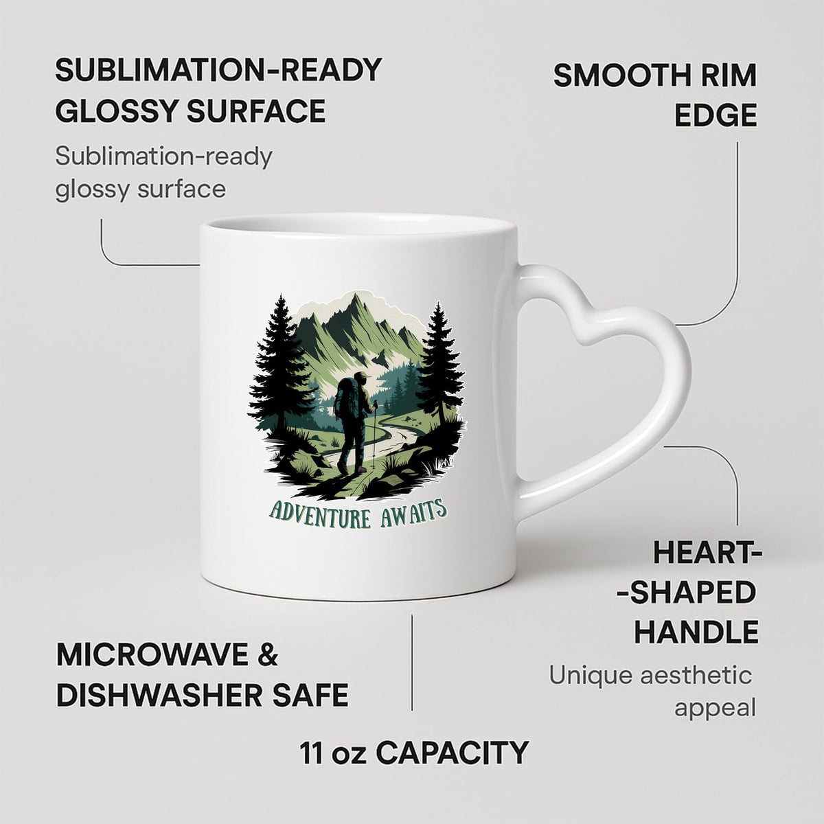 Heart-handle mug with labels for 11oz capacity, glossy surface and heart-shaped handle