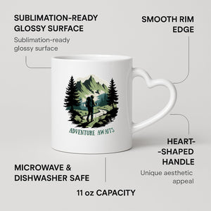 Adventure Awaits hiker heart-handle mug on a marble counter with fruit