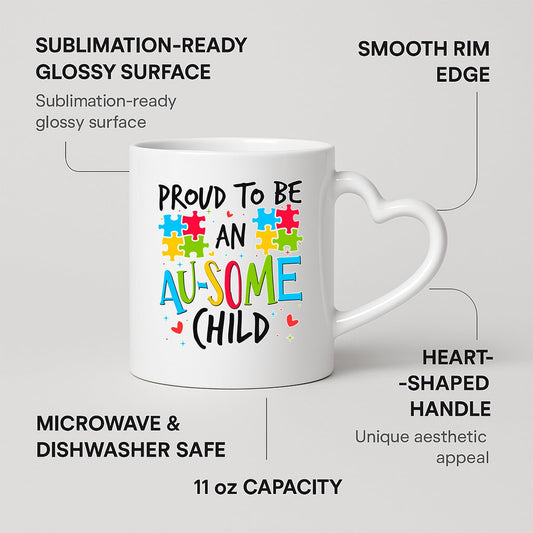 Heart-handle mug with labels for 11oz capacity, glossy surface and heart-shaped handle
