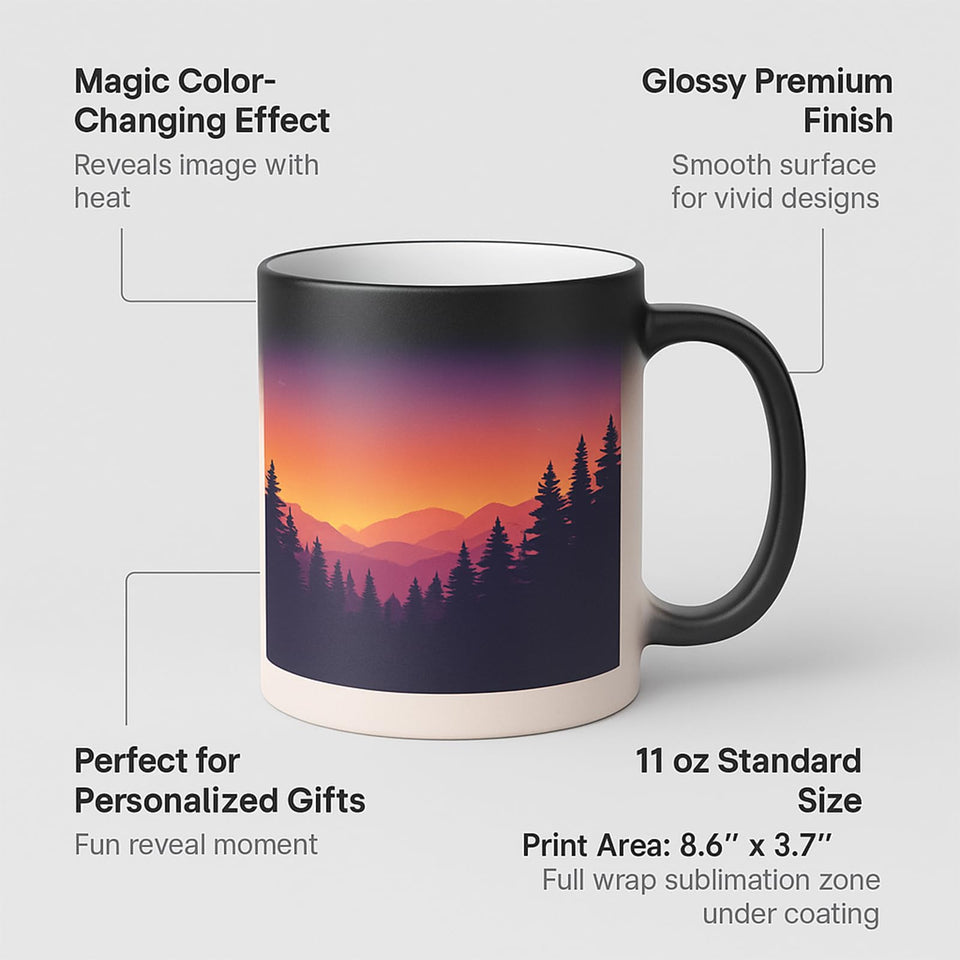 Colour changing mug features, shown with a sample sunset design that appears with heat