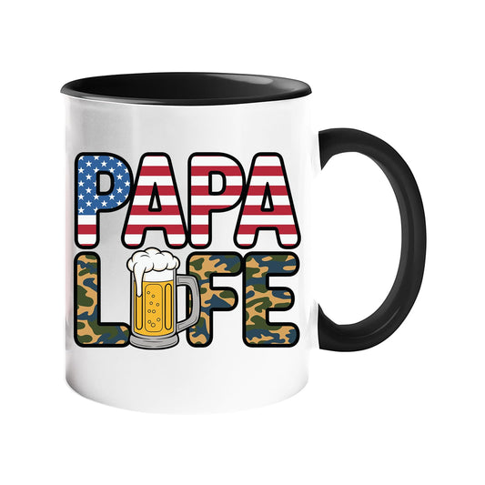 Colour handle mug with “Papa” in stars and stripes over camo “Life” with a frothy beer – black handle and inside