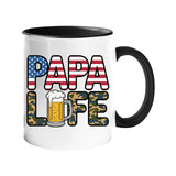 Colour handle mug with “Papa” in stars and stripes over camo “Life” with a frothy beer – black handle and inside