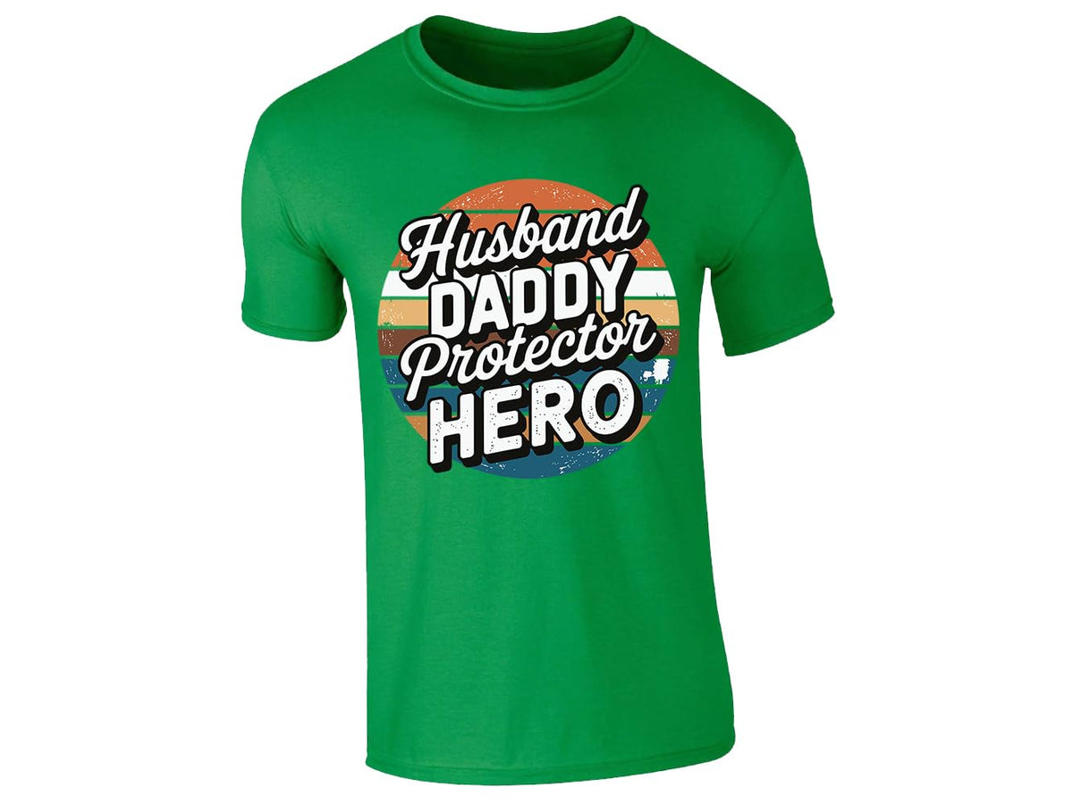 Irish Green men's T-shirt with “Husband, Daddy, Protector, Hero” retro sunset design