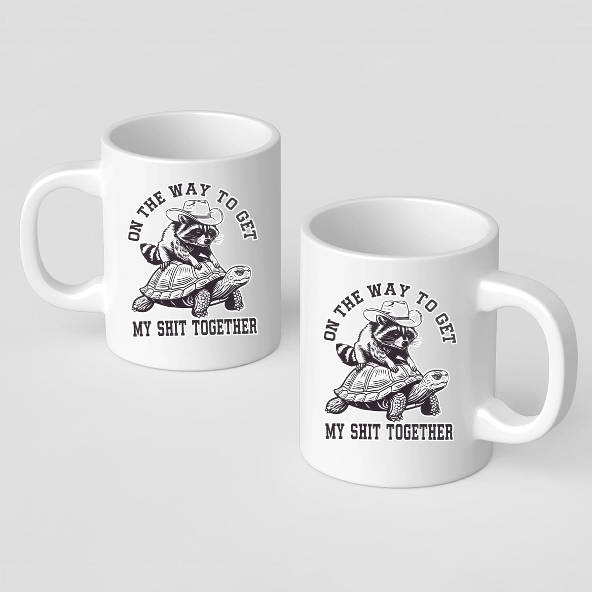 Front and back of the raccoon and tortoise mug