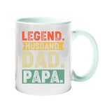 Colour handle mug with “Legend. Husband. Dad. Papa.” in distressed retro colour blocks – lime handle and inside
