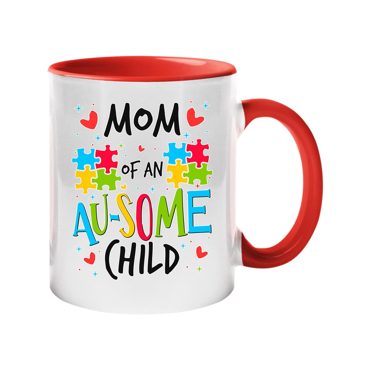 Colour handle mug with “Mom of an AU-SOME child” with colourful puzzle pieces and hearts – red handle and inside