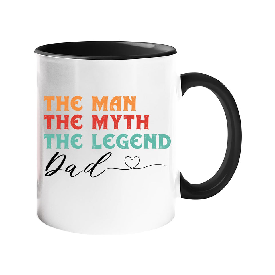 Colour handle mug with “The man, the myth, the legend” in retro colours signed “Dad” with a heart – black handle and inside