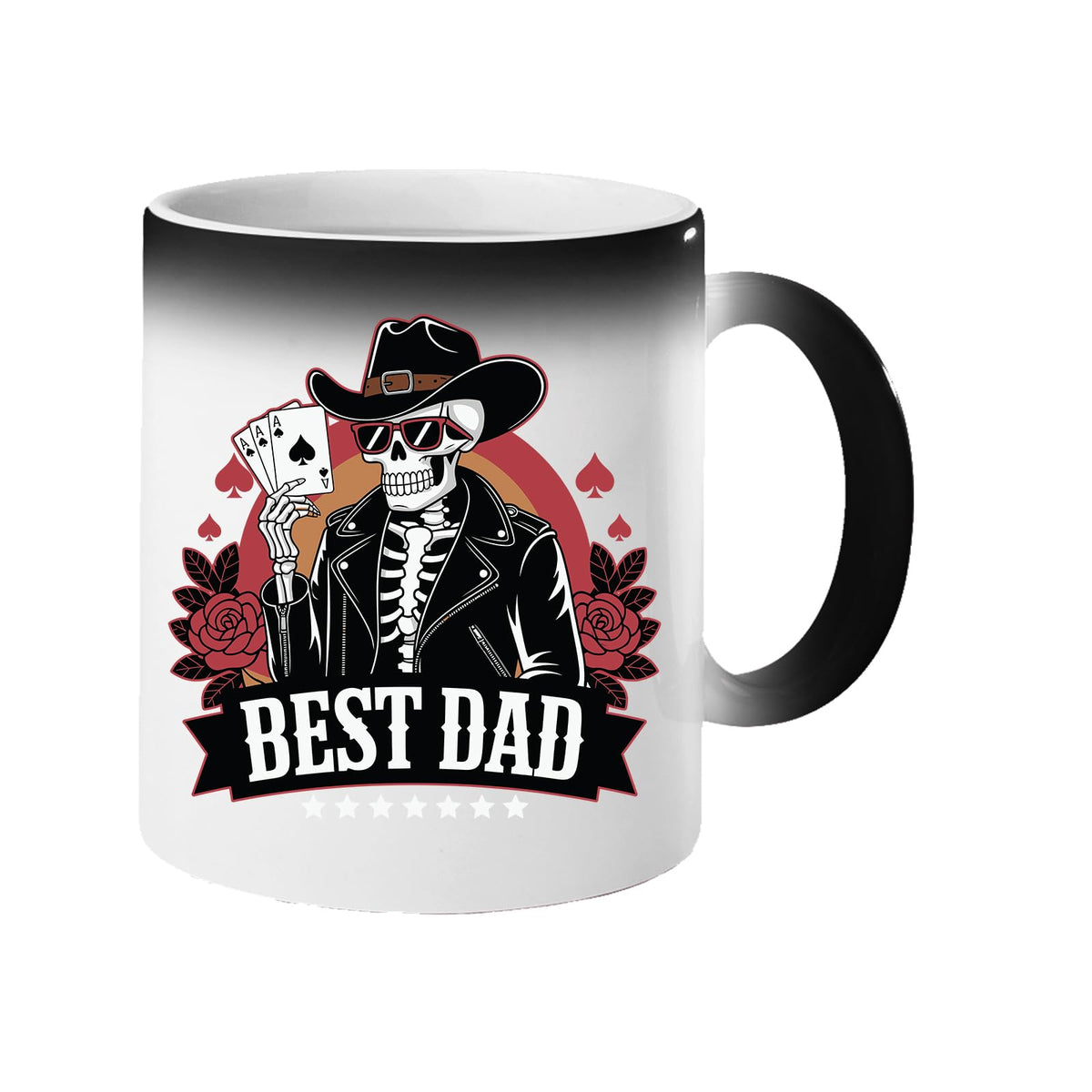 Colour changing mug revealing a skeleton cowboy holding aces above a “Best Dad” banner