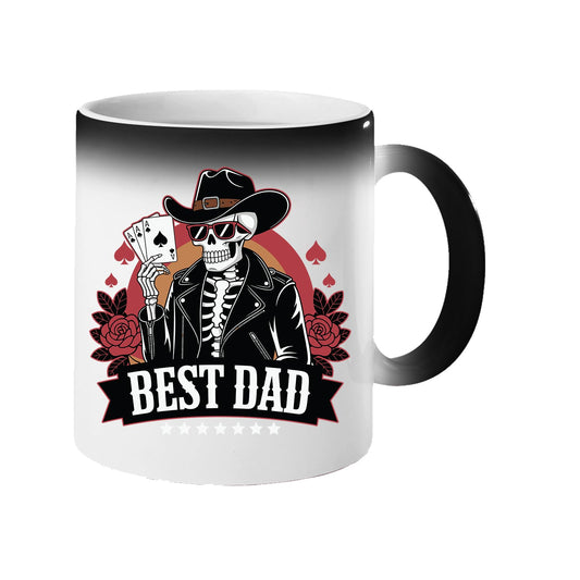 Colour changing mug revealing a skeleton cowboy holding aces above a “Best Dad” banner