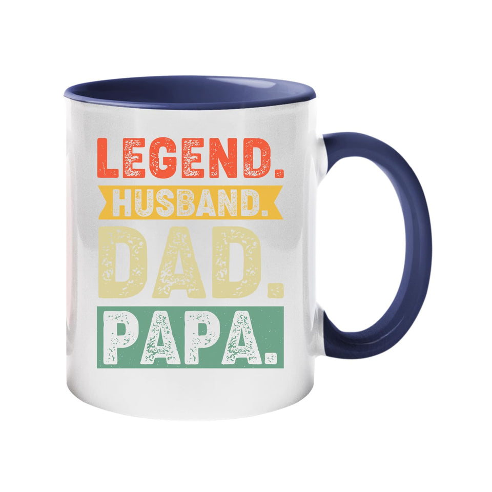 Colour handle mug with “Legend. Husband. Dad. Papa.” in distressed retro colour blocks – dark blue handle and inside