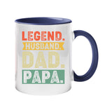 Colour handle mug with “Legend. Husband. Dad. Papa.” in distressed retro colour blocks – dark blue handle and inside