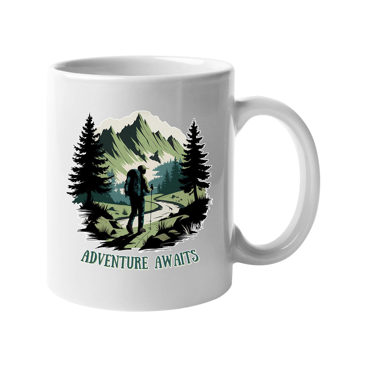 White mug with a hiker on a mountain trail between pine trees with “Adventure awaits”