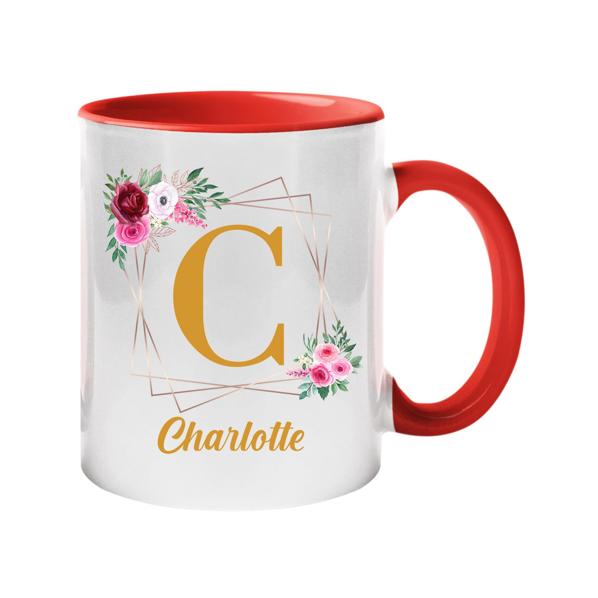 Red handle mug with a gold initial in a floral frame and an example name