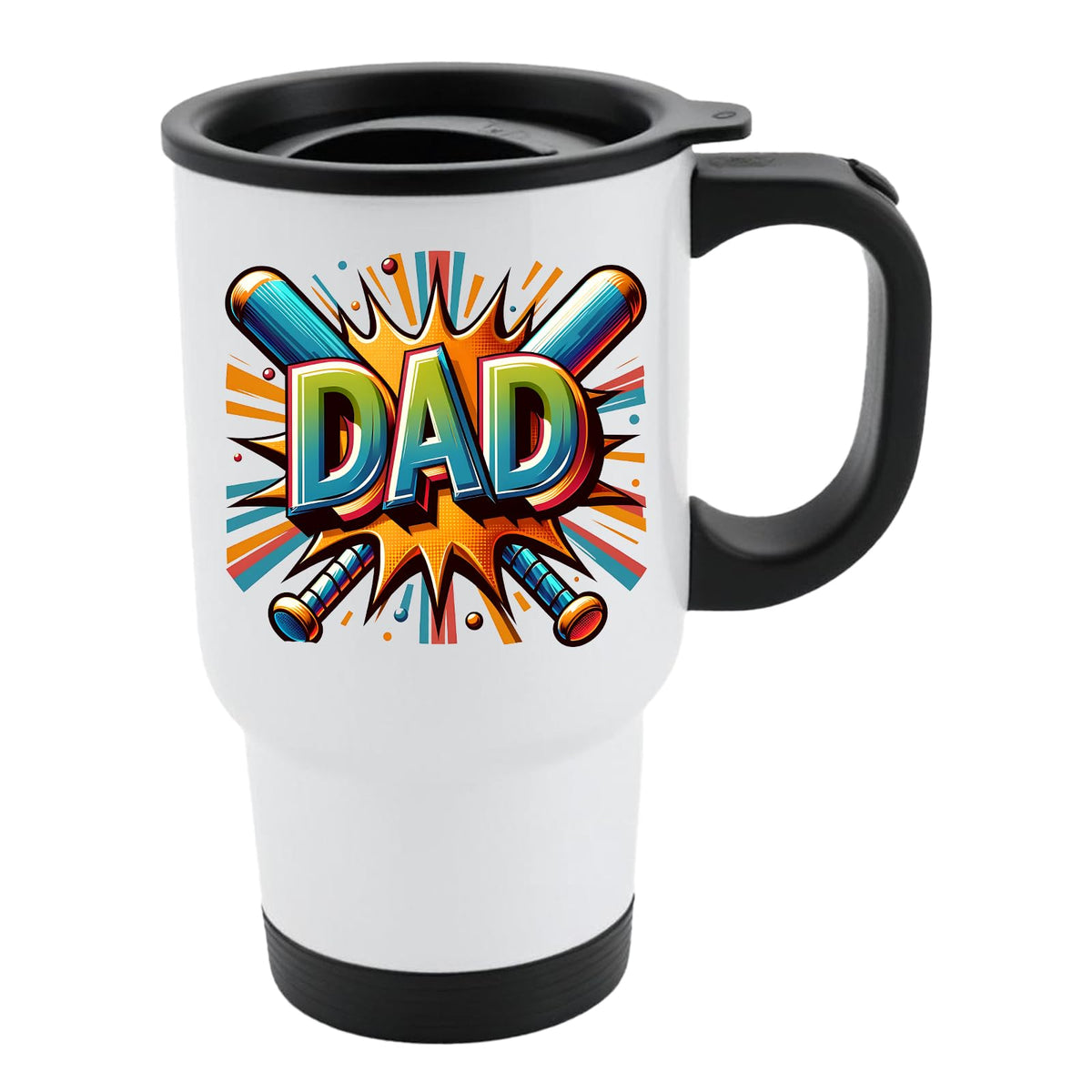 White travel mug with black lid and a comic-style “DAD” in front of crossed baseball bats