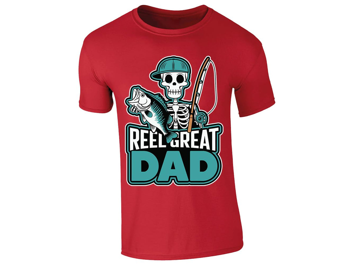 Red men's T-shirt with “Reel Great Dad” skeleton angler design