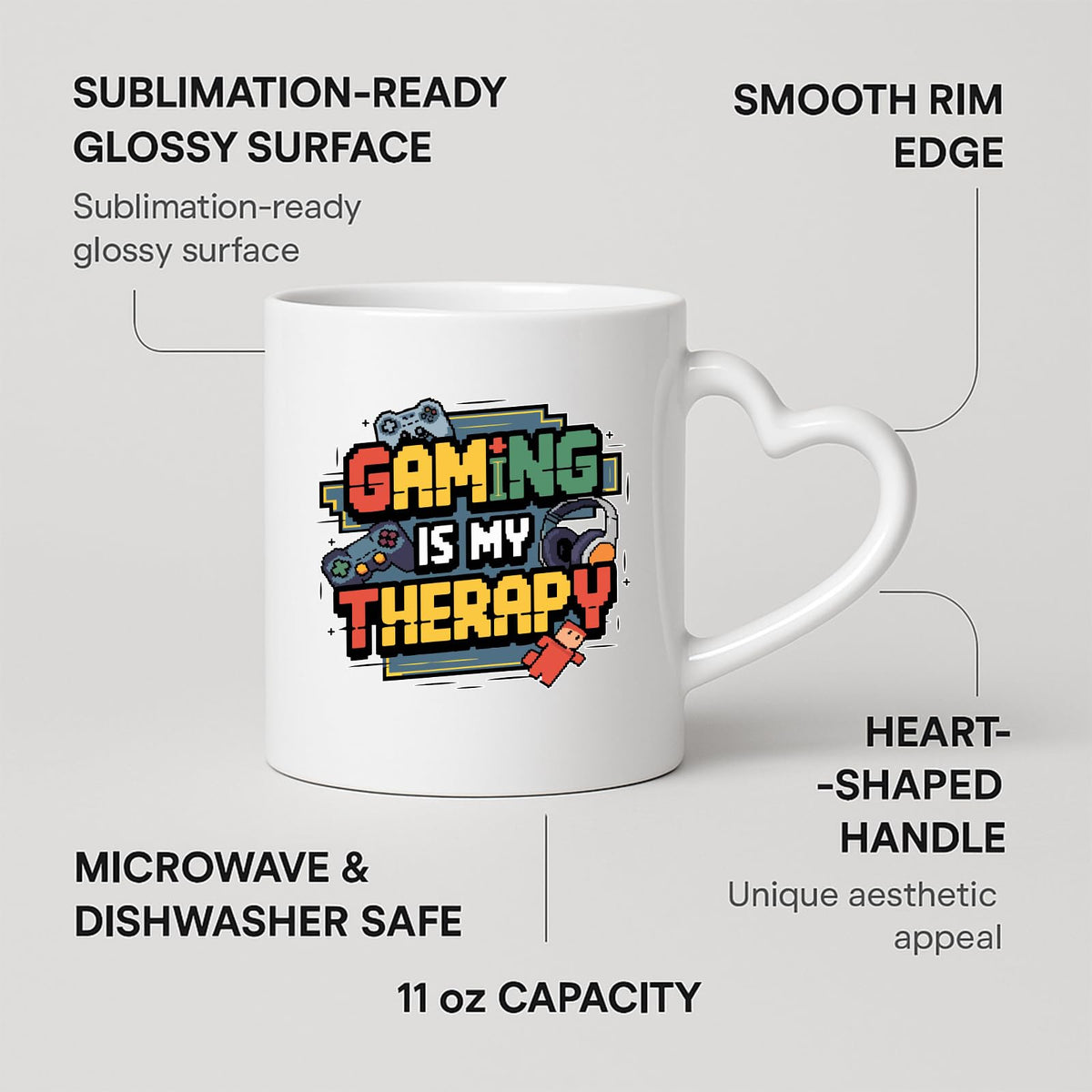 Heart-handle mug with labels for 11oz capacity, glossy surface and heart-shaped handle