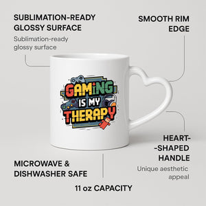 Gaming Is My Therapy heart-handle mug on a marble counter with fruit