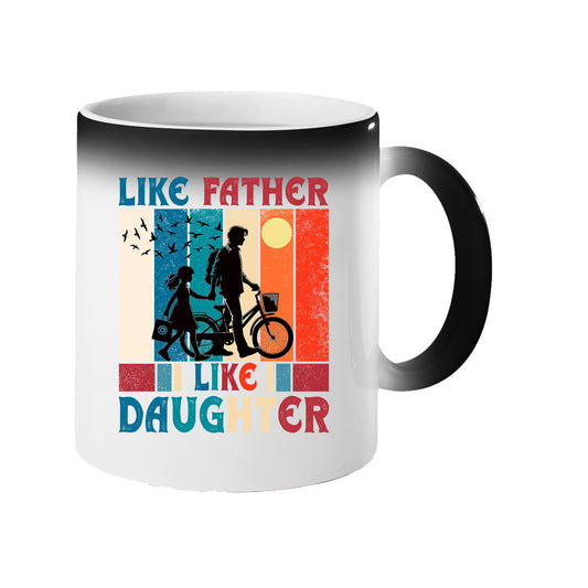 Colour changing mug revealing a dad and daughter with a bike in silhouette over retro stripes and “Like father, like daughter”